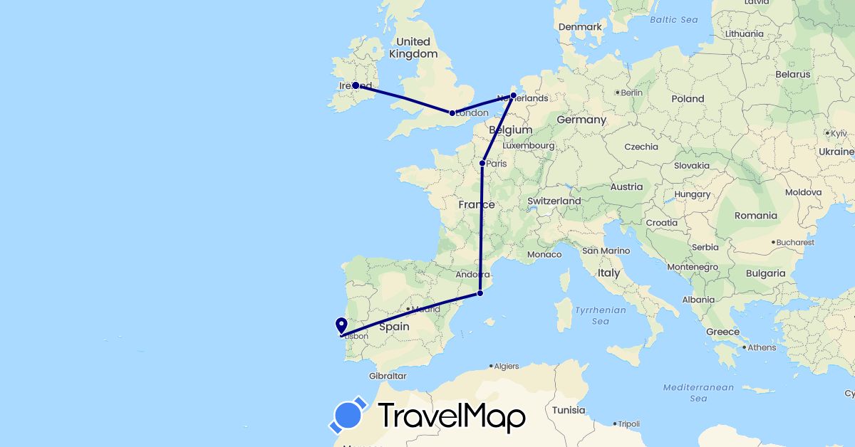 TravelMap itinerary: driving in Spain, France, United Kingdom, Ireland, Netherlands, Portugal (Europe)