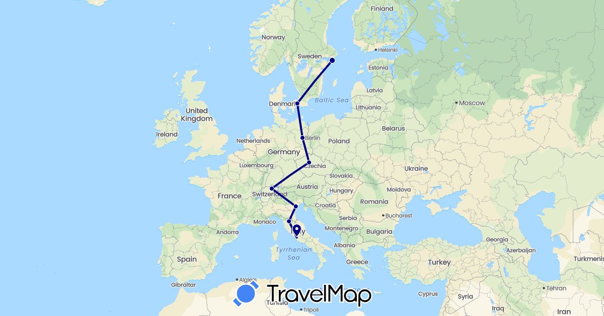 TravelMap itinerary: driving in Switzerland, Czech Republic, Germany, Denmark, Italy, Sweden (Europe)